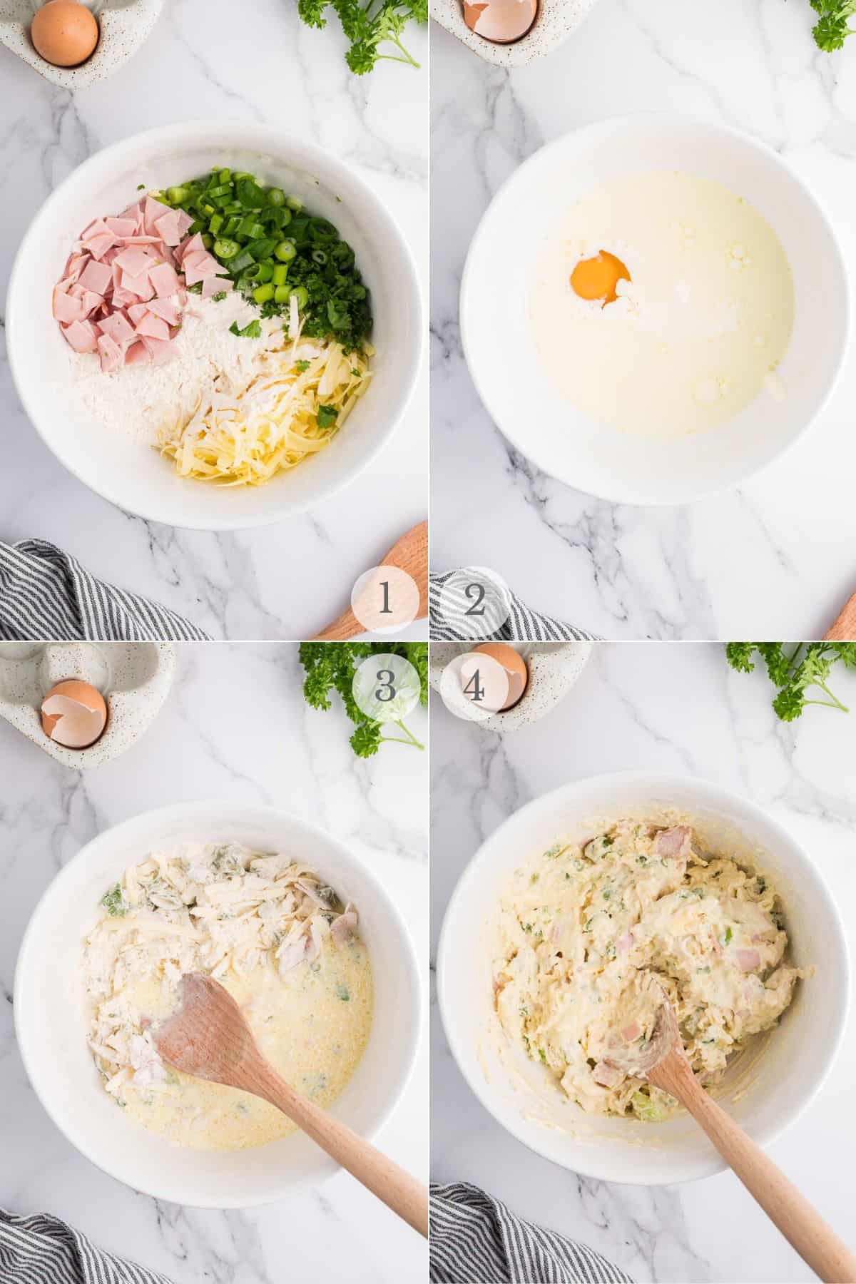 ham and cheese muffins recipe steps 1-4.