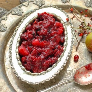 pear cranberry sauce on silver tray crop.