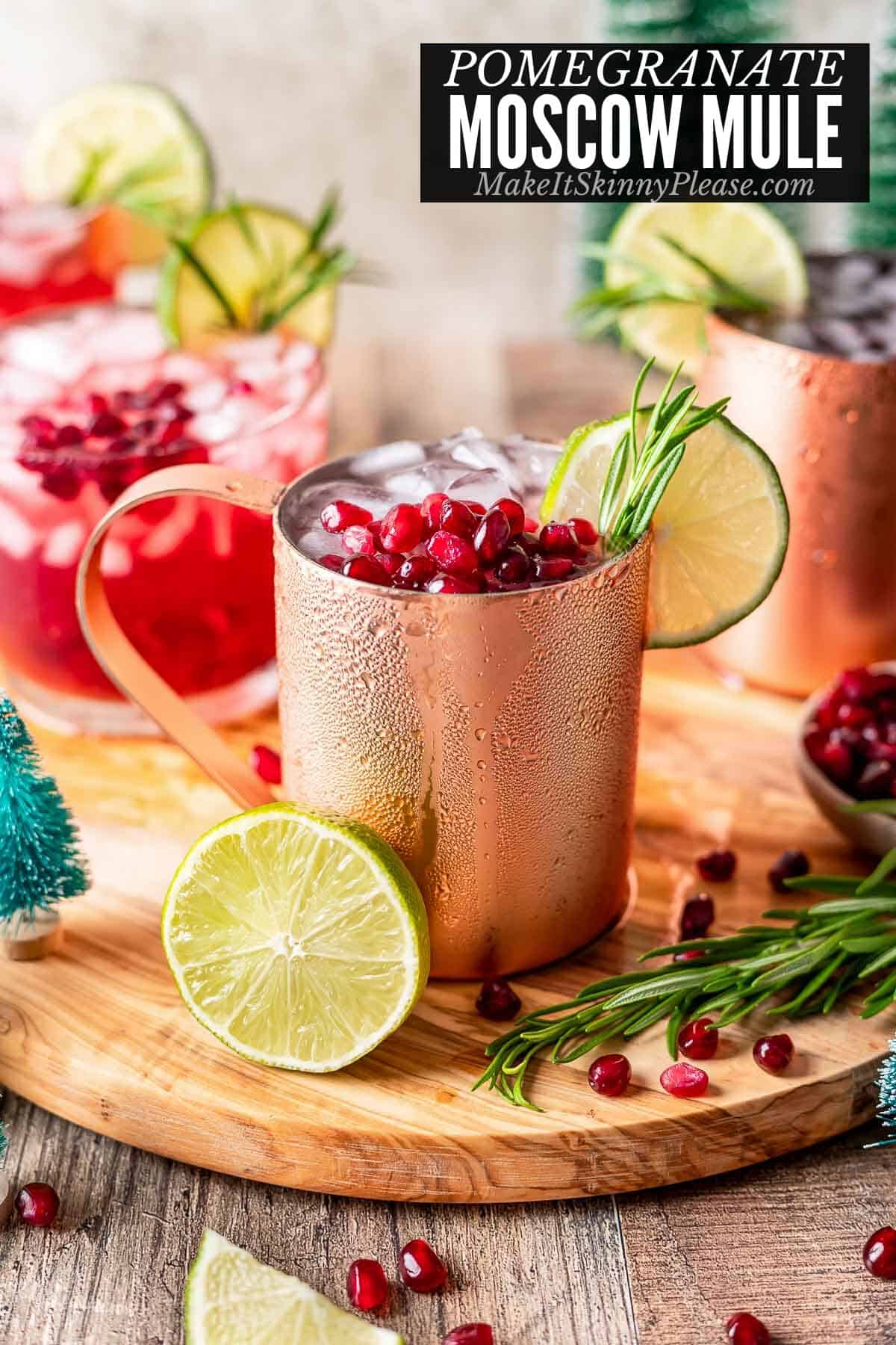 pomegranate moscow mule in copper mugs.