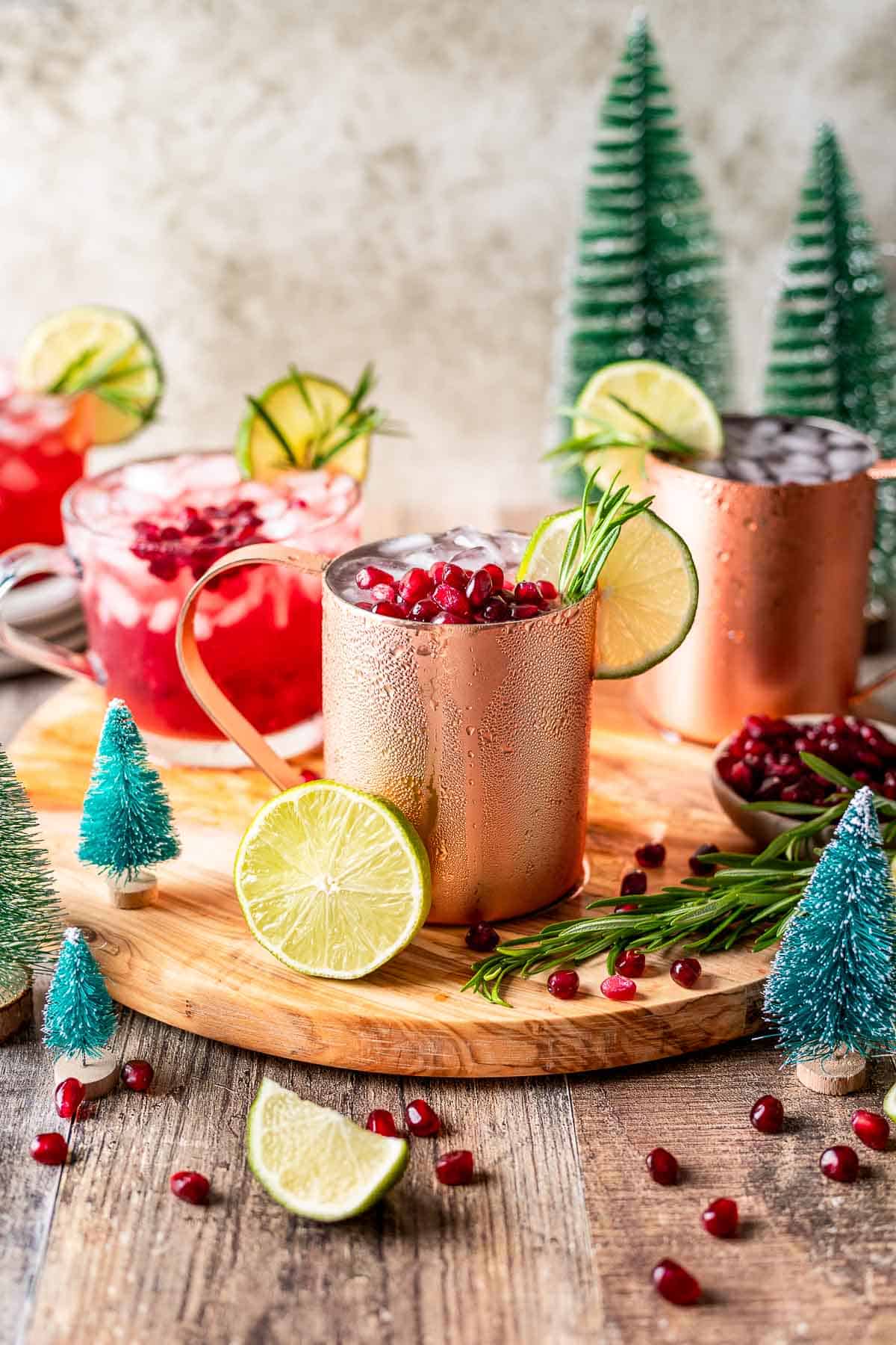 pomegranate moscow mules with christmas trees.