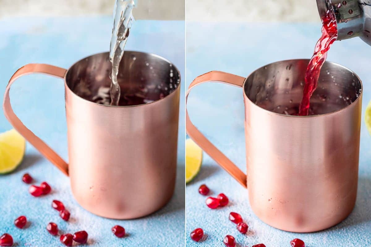 skinny pomegranate moscow mule recipe steps images collage.