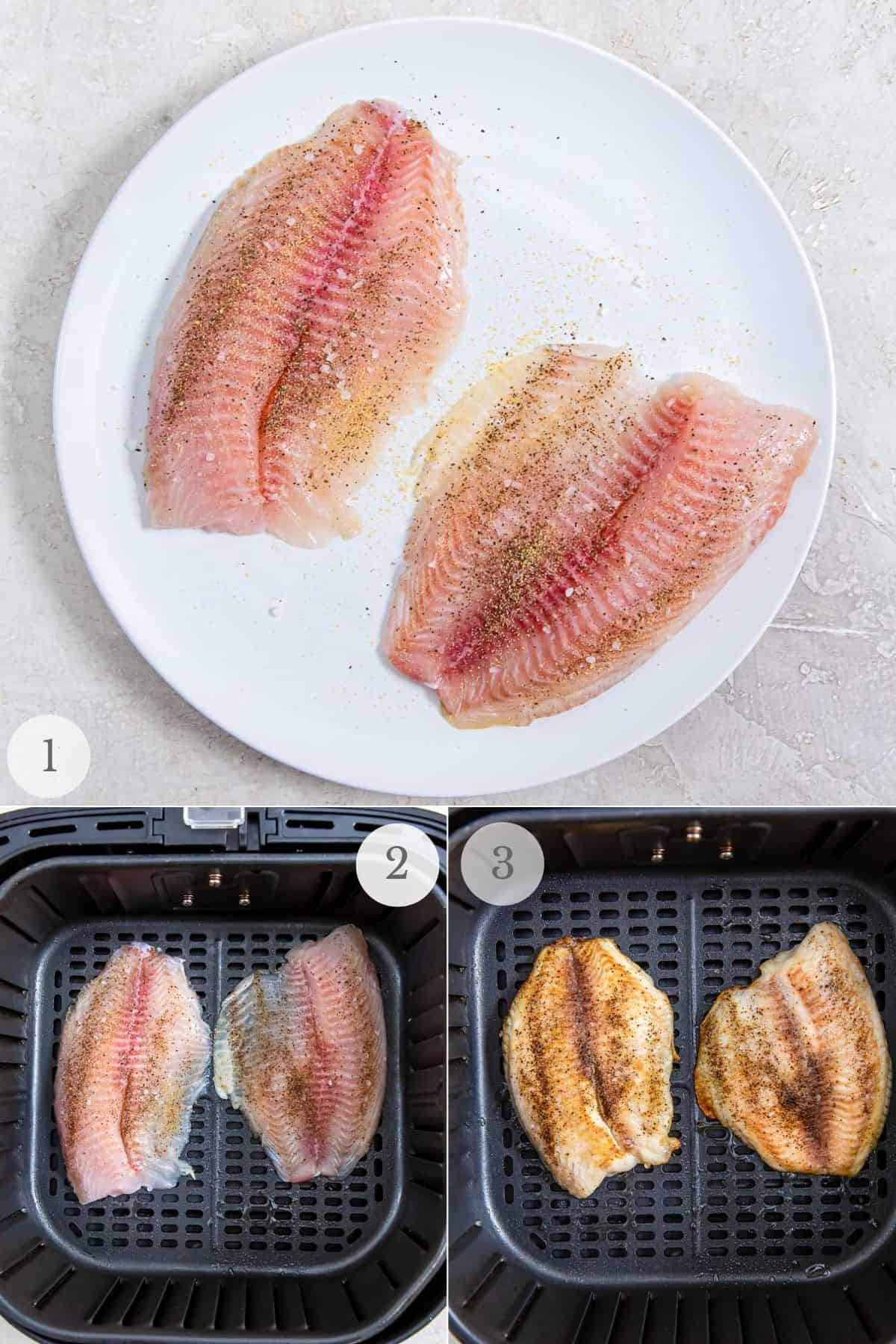 air fryer tilapia recipe steps collage.