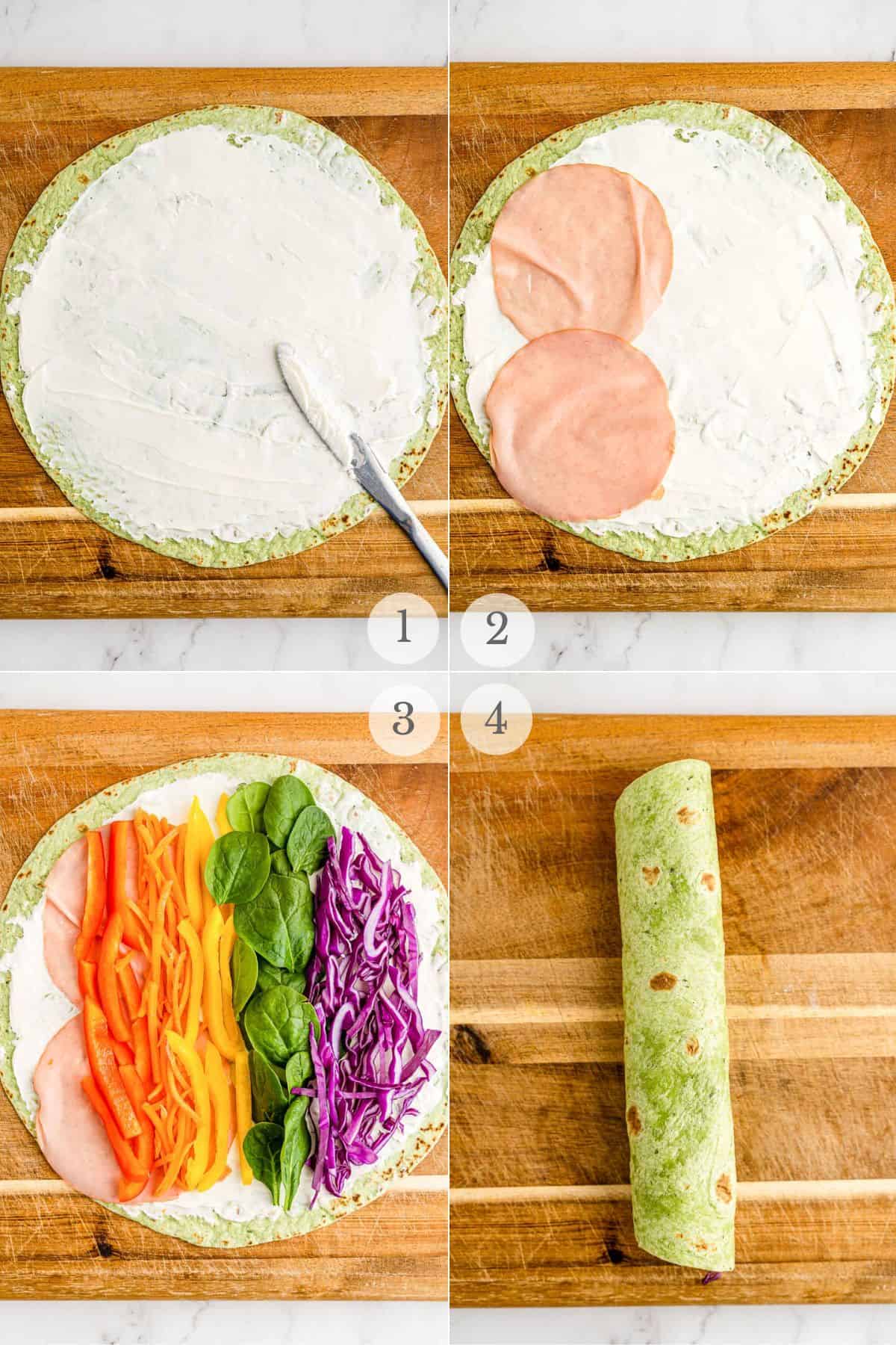 rainbow turkey roll ups recipe steps 1-4.