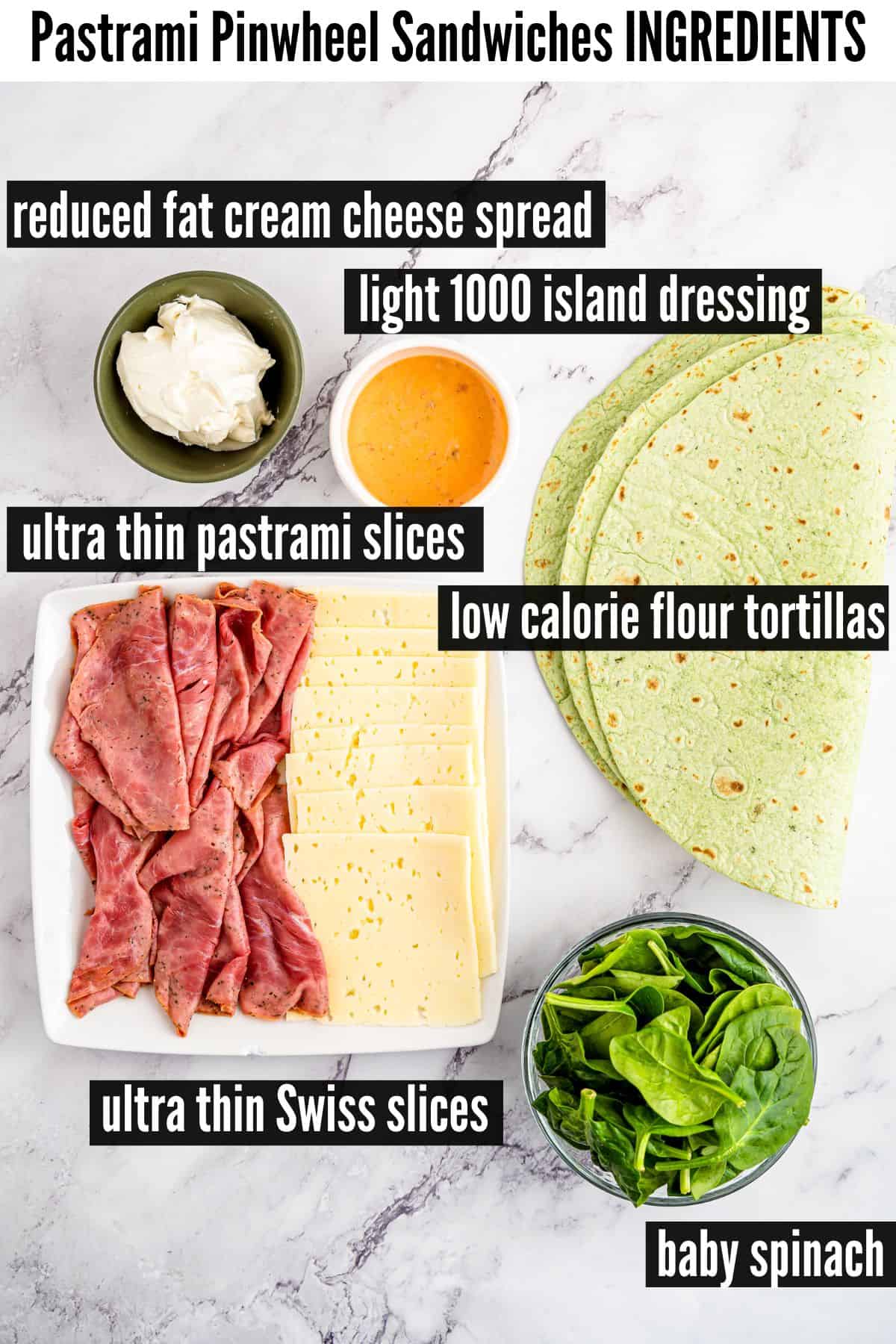 pastrami pinwheel sandwiches labelled ingredients.
