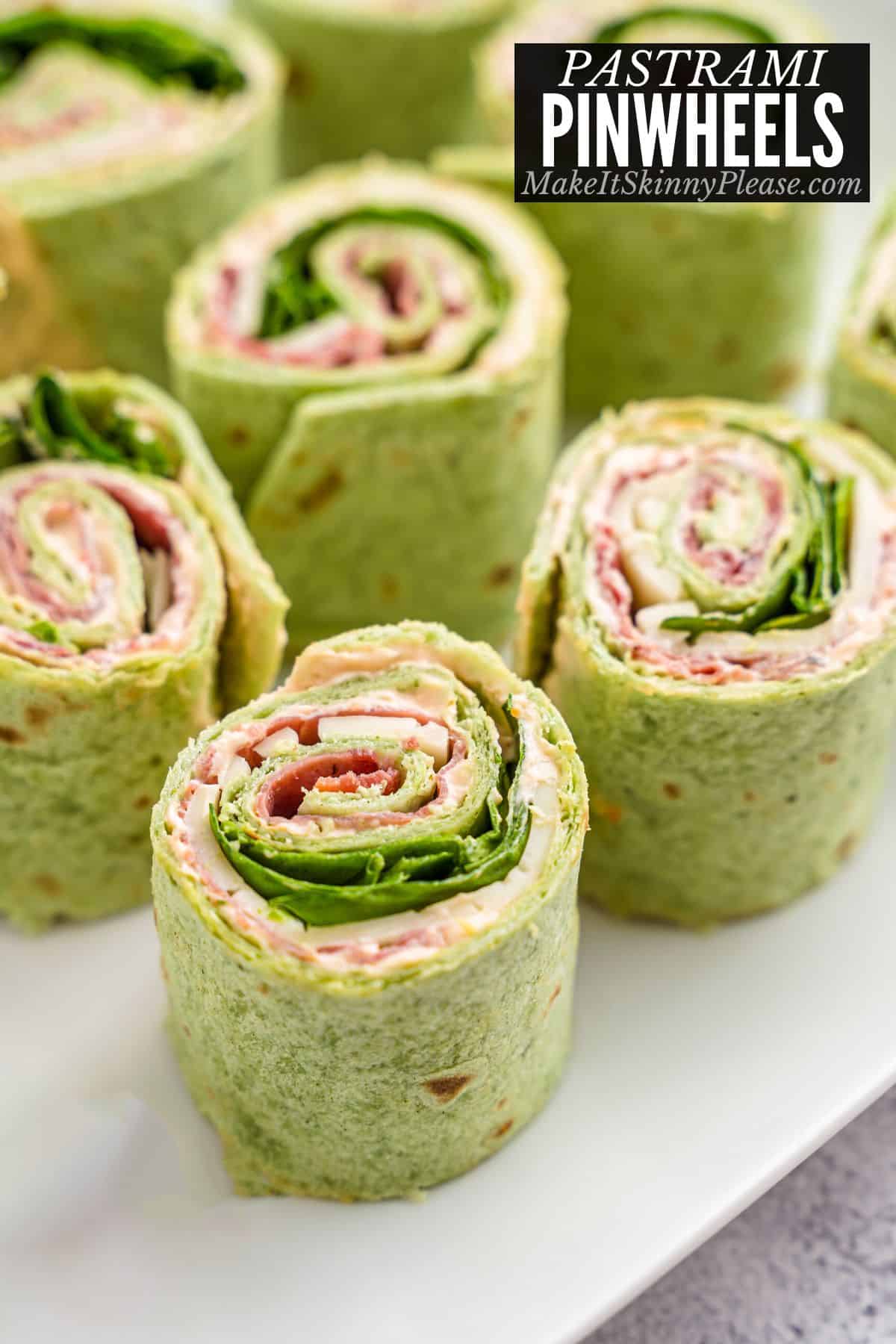 pastrami pinwheel sandwiches with text