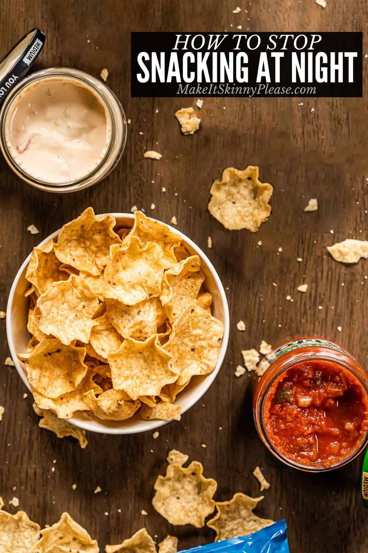 chips salsa and cheese dip with text overlay