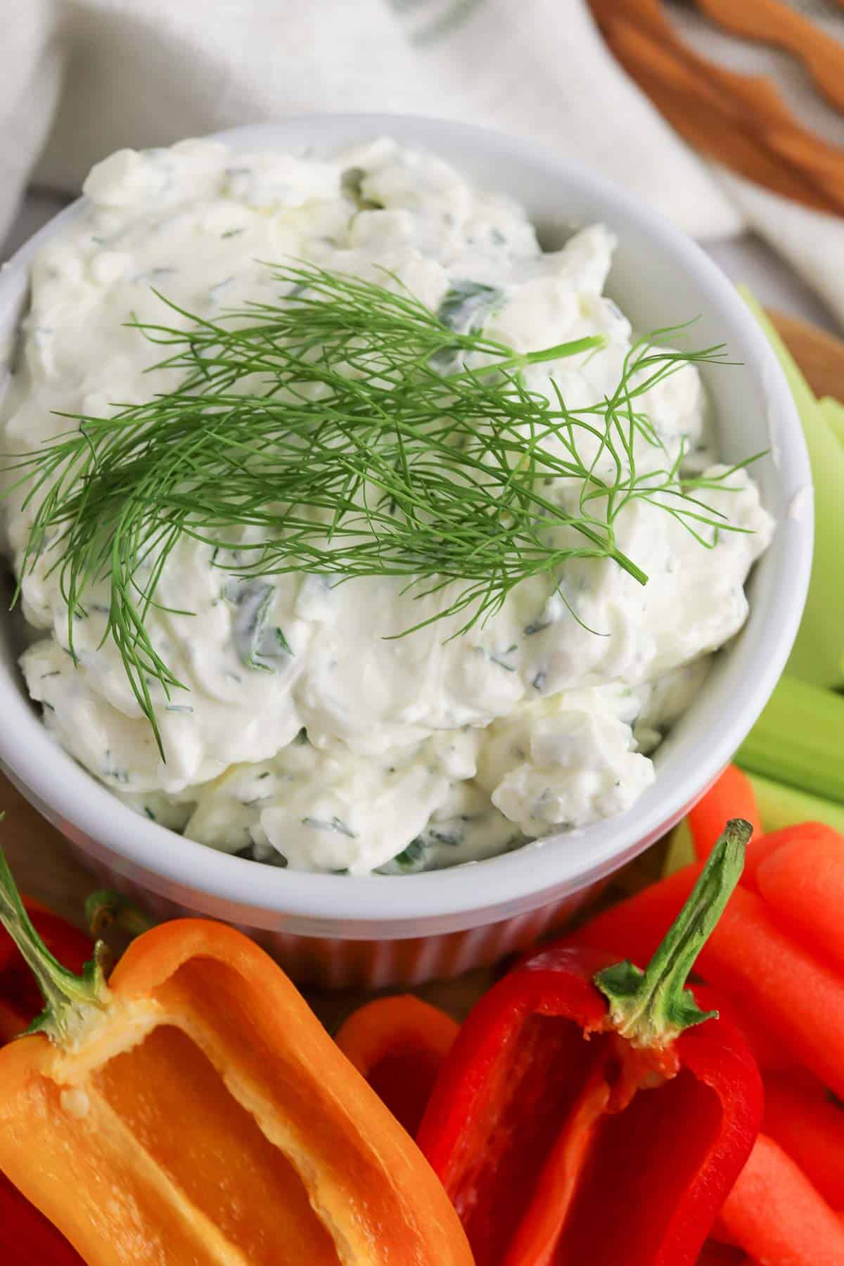 cream cheese dill dip close up in bowl.