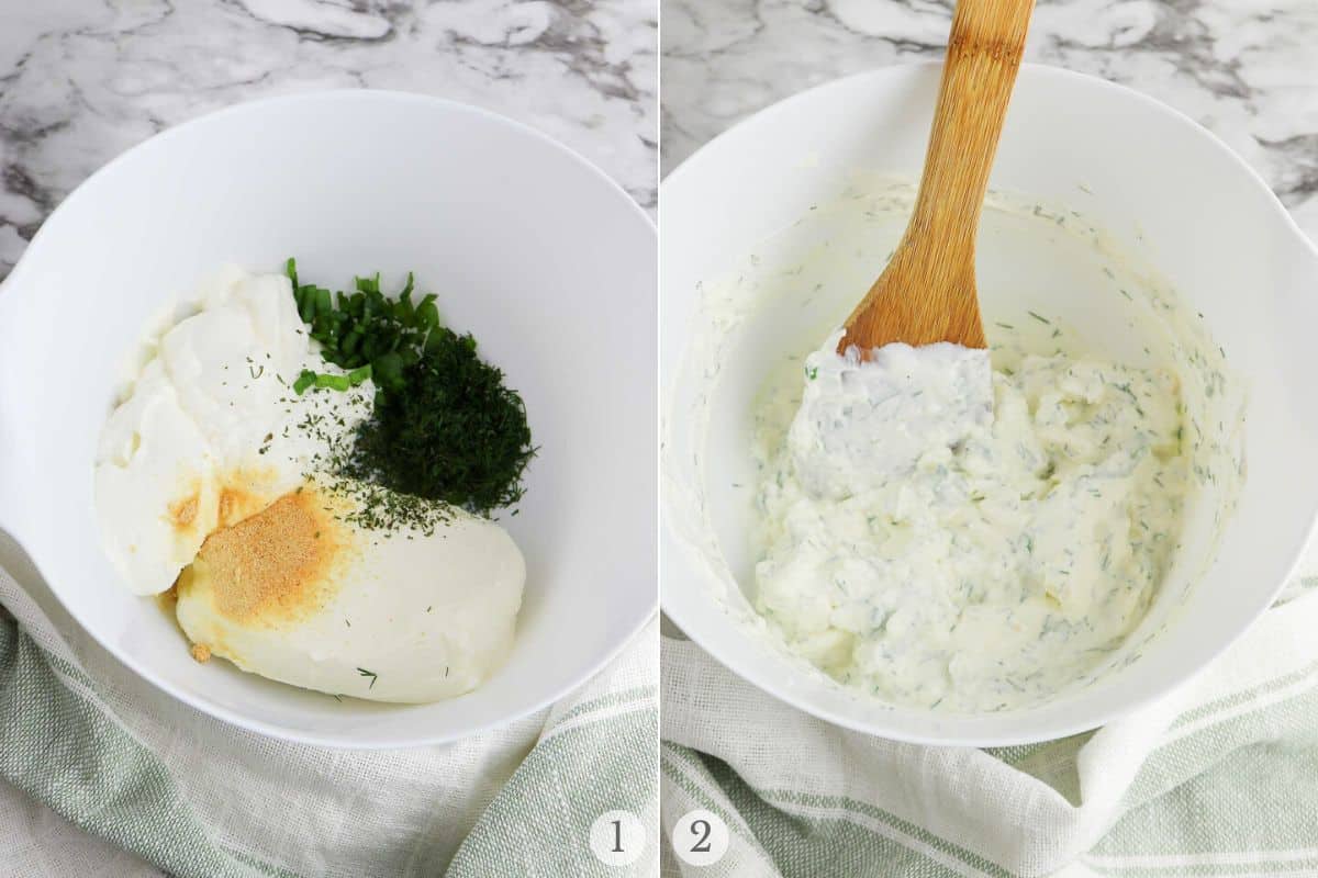 cream cheese dill dip recipe steps collage.