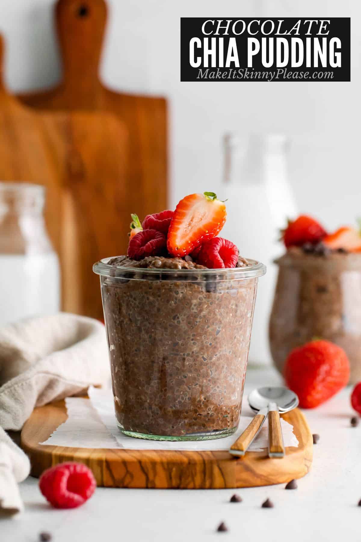chocolate chia pudding with berry toppings.