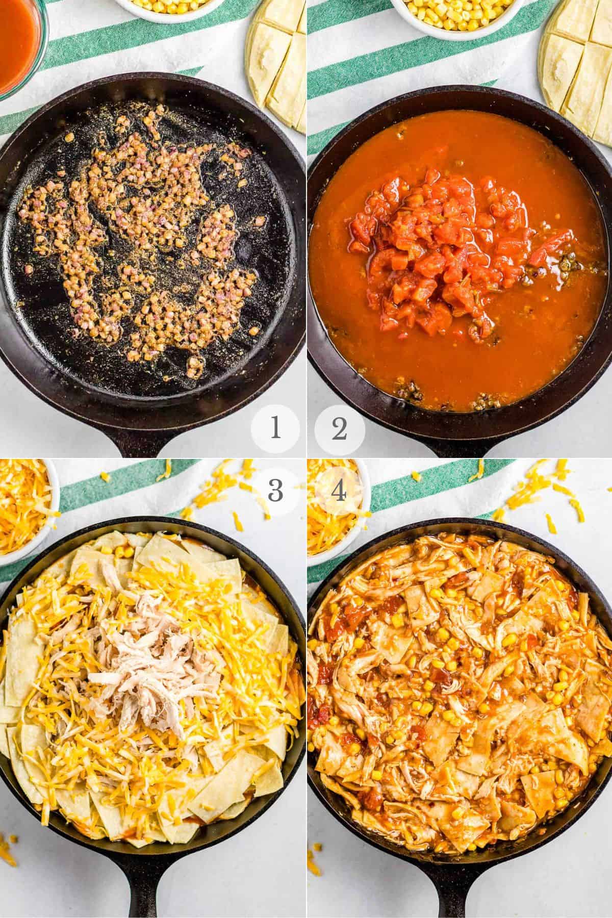 chicken enchilada skillet recipe steps 1-4.