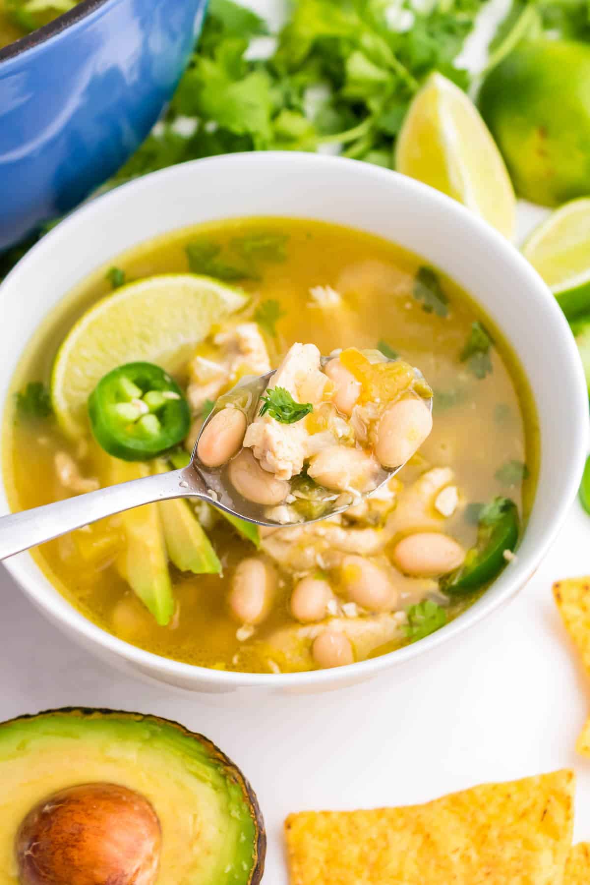 bowl of green chile chicken soup from above.