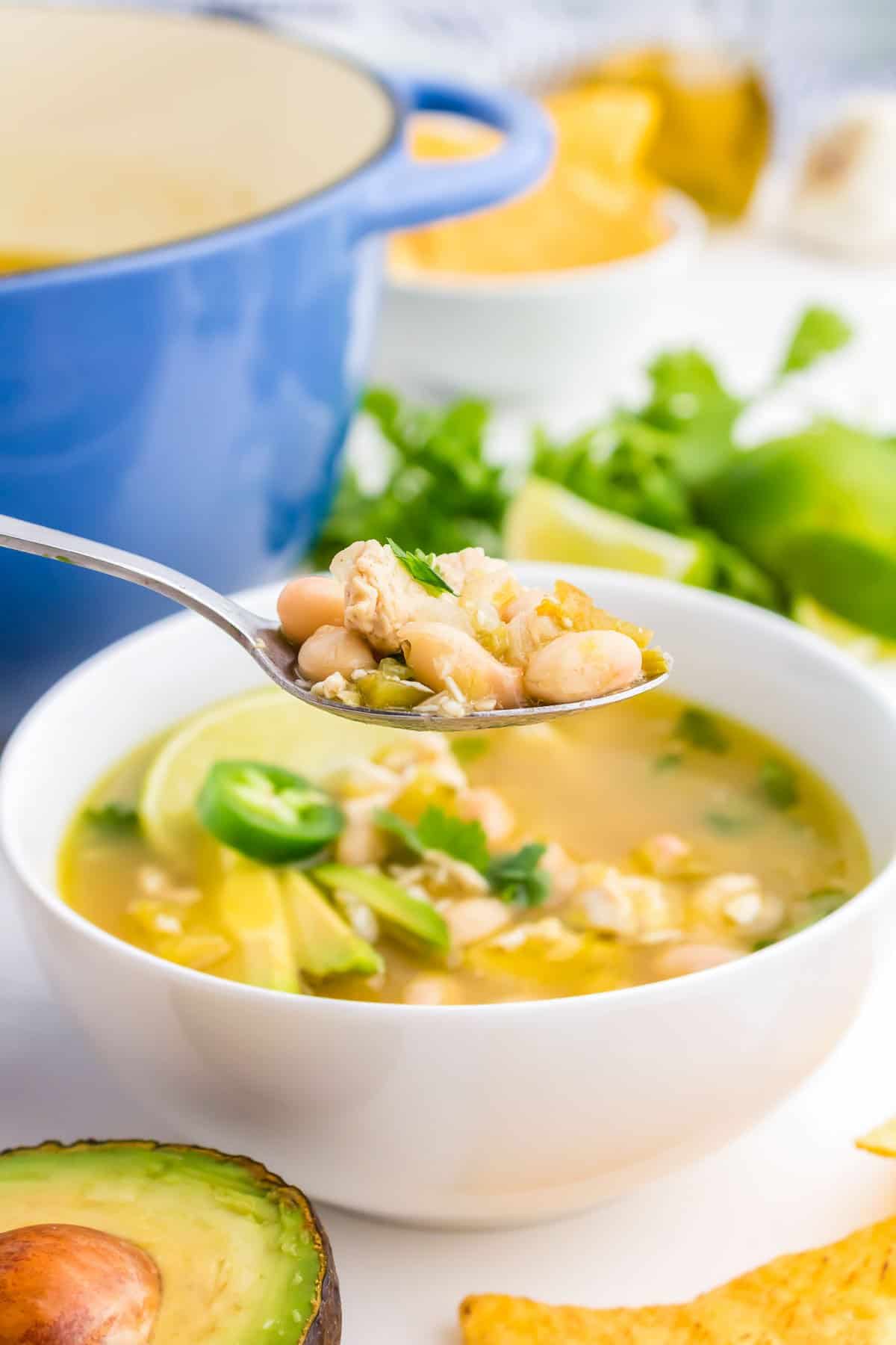 bowl of green chile chicken soup.