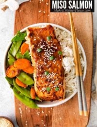 air fryer miso salmon with vegetables on plate