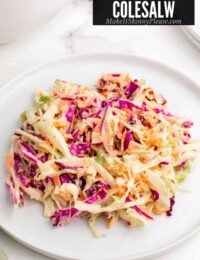 skinny classic coleslaw on white plate.