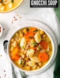 gnocchi vegetable soup overhead in white bowl.