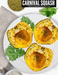 roasted carnival squash halves on plate.